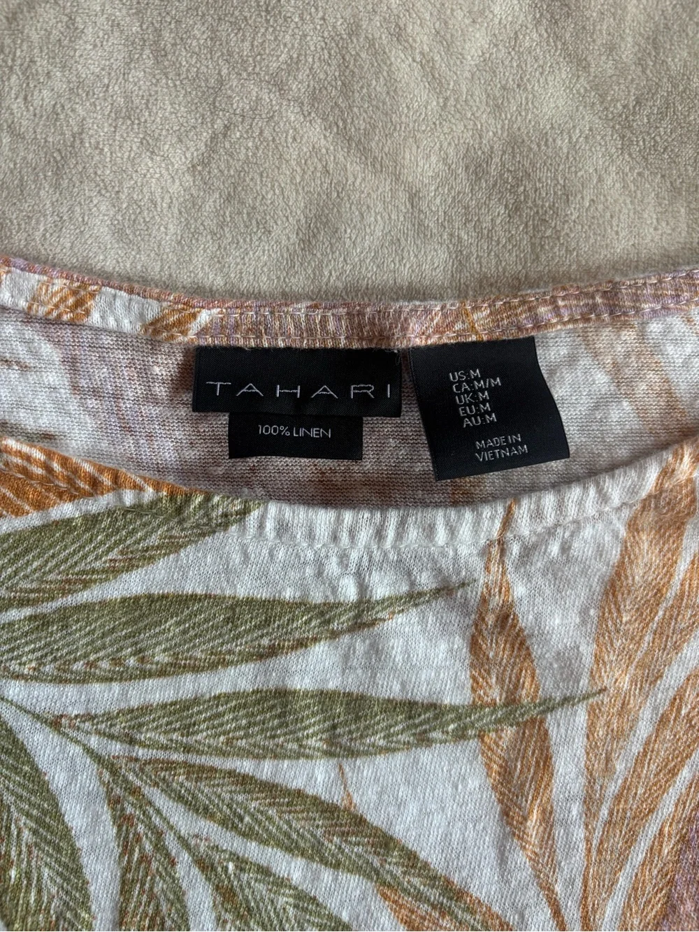 Tahari 100% Linen Tropical Leaf Print Sleeveless Top M